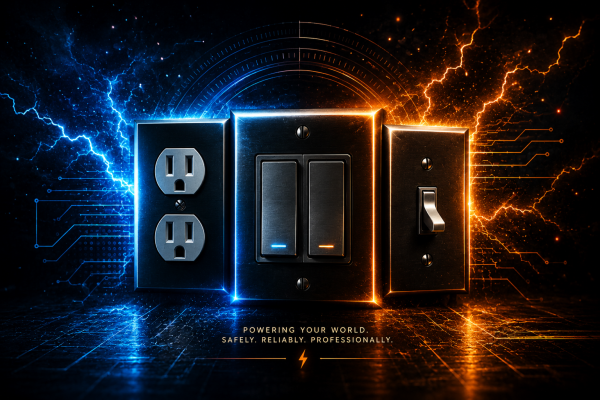 Electrical outlet, double light switch, and toggle switch illuminated by blue and amber lightning effects