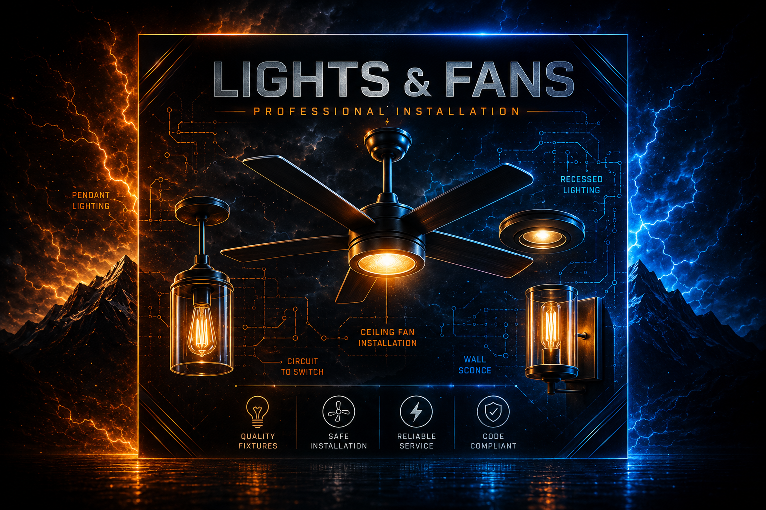 Illustration of a ceiling fan, pendant light, recessed light, and wall sconce against an amber-and-blue lightning background