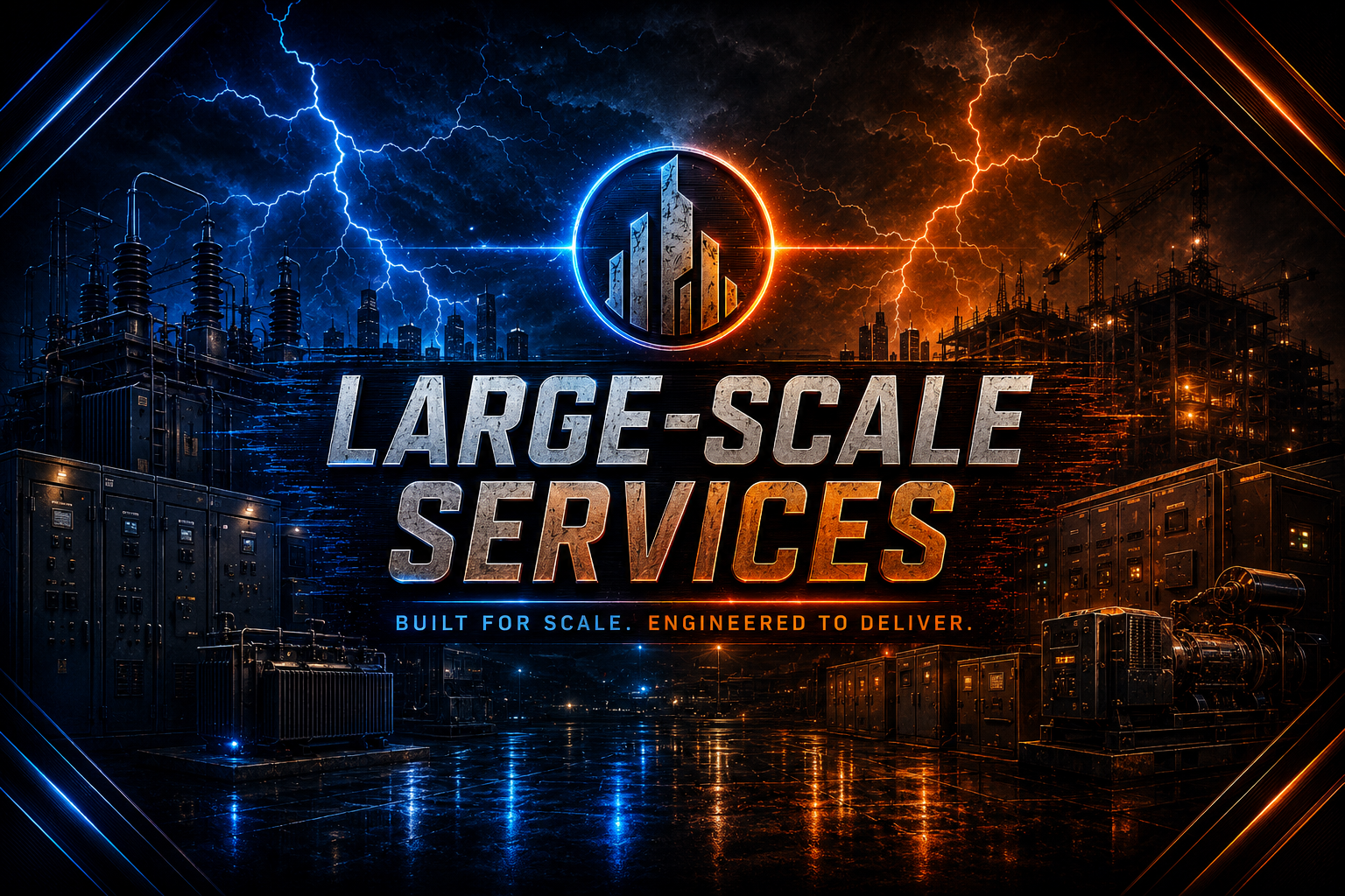 Large-Scale Services graphic showing commercial electrical infrastructure, switchgear, and construction beneath blue and amber lightning.