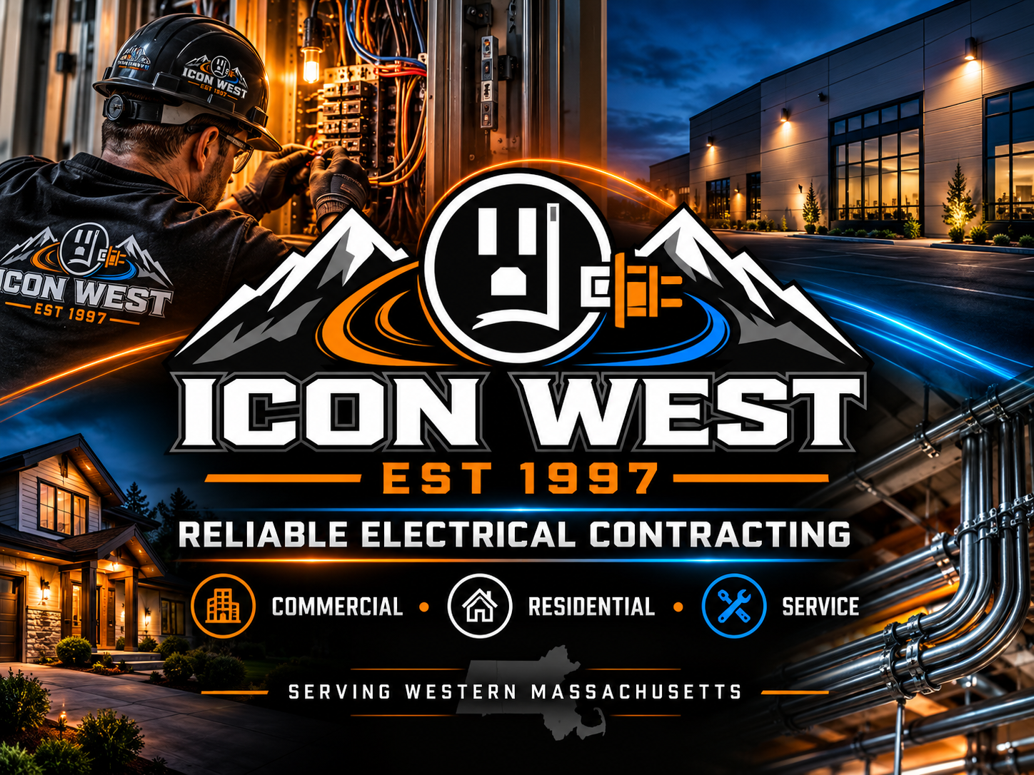 Icon West Corporation electrical contracting graphic featuring commercial, residential, and service work