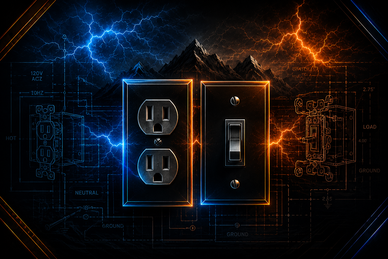 Illustration of an outlet and switch with blue and amber circuit details
