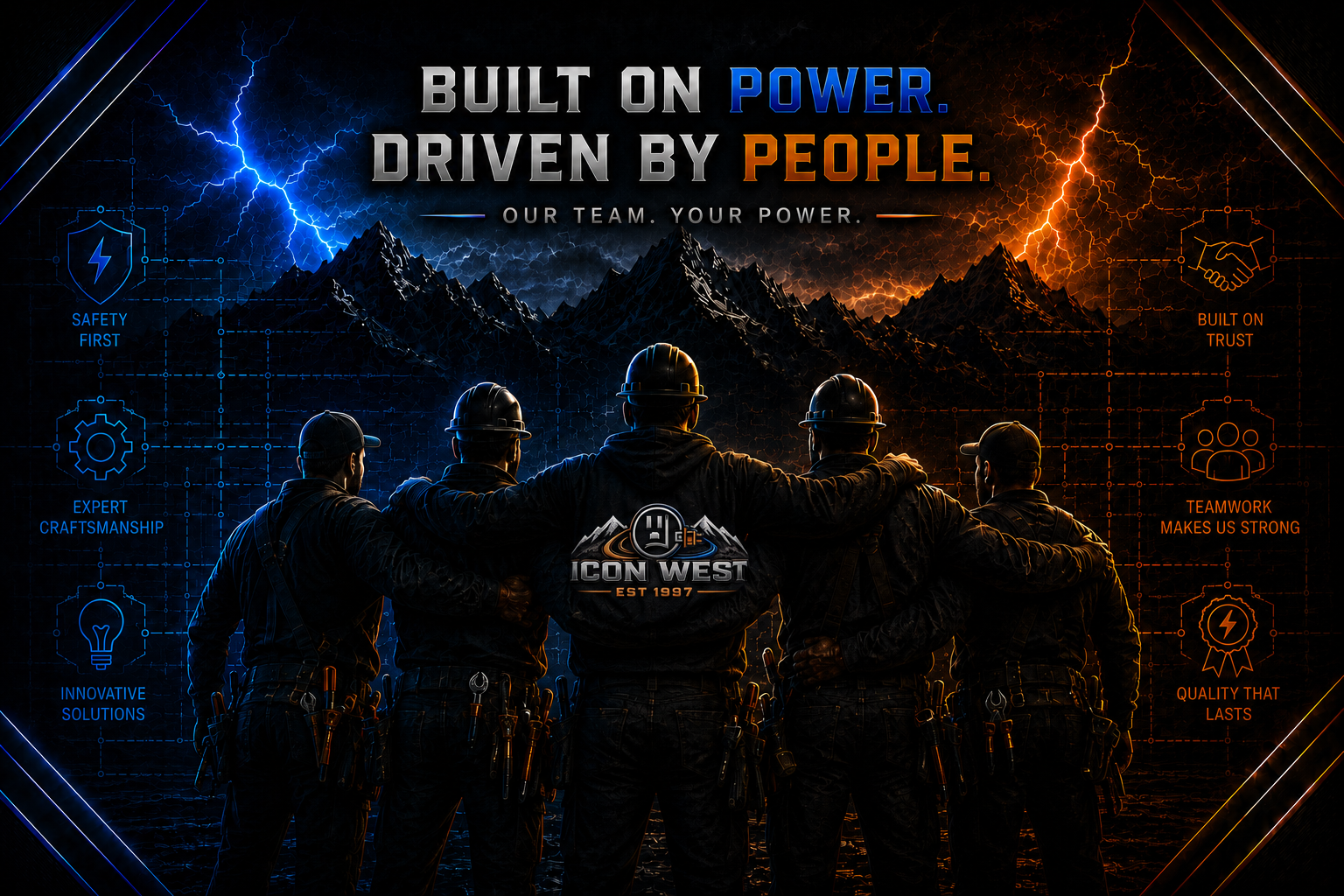 Icon West electrical team beneath the words ‘Built on power. Driven by people.’