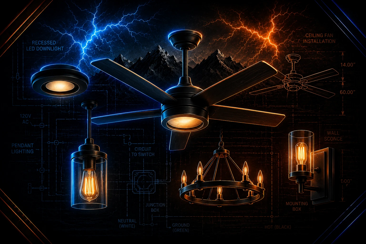 Illustration of ceiling fans and lighting fixtures