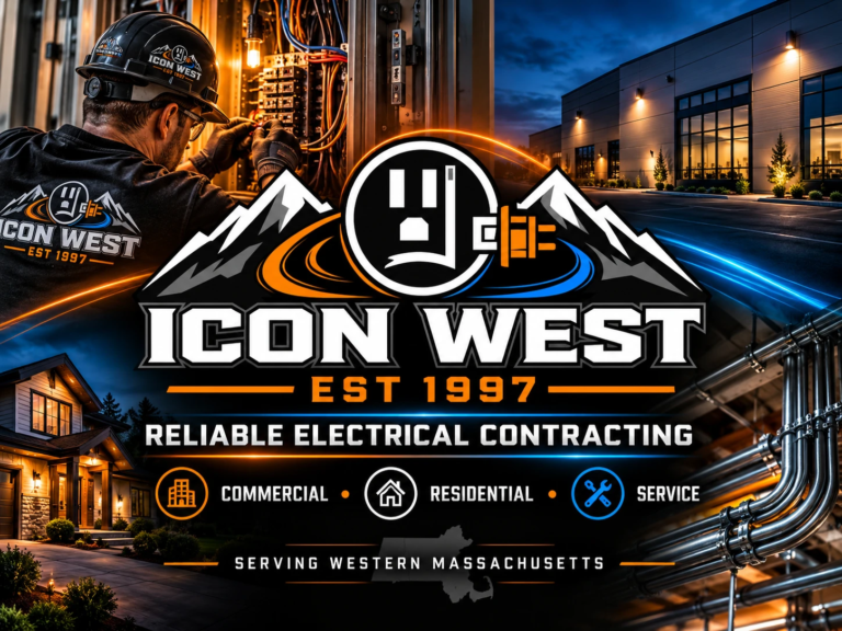 Icon West Corporation electrical contracting graphic featuring commercial, residential, and service work