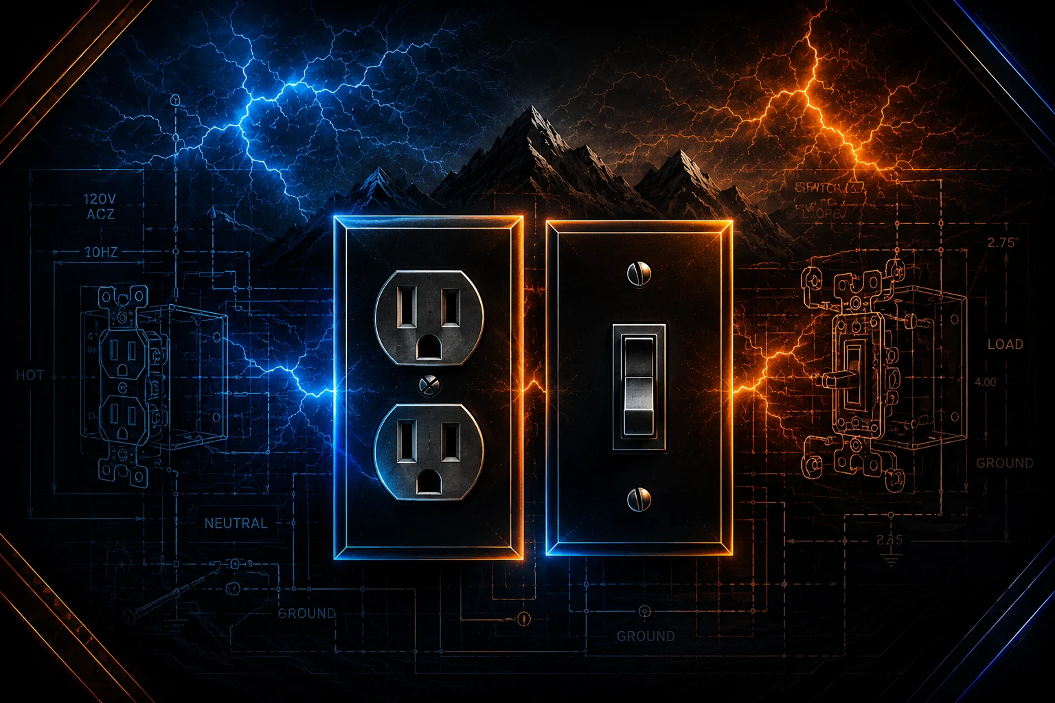 Illustration of an outlet and switch with blue and amber circuit details