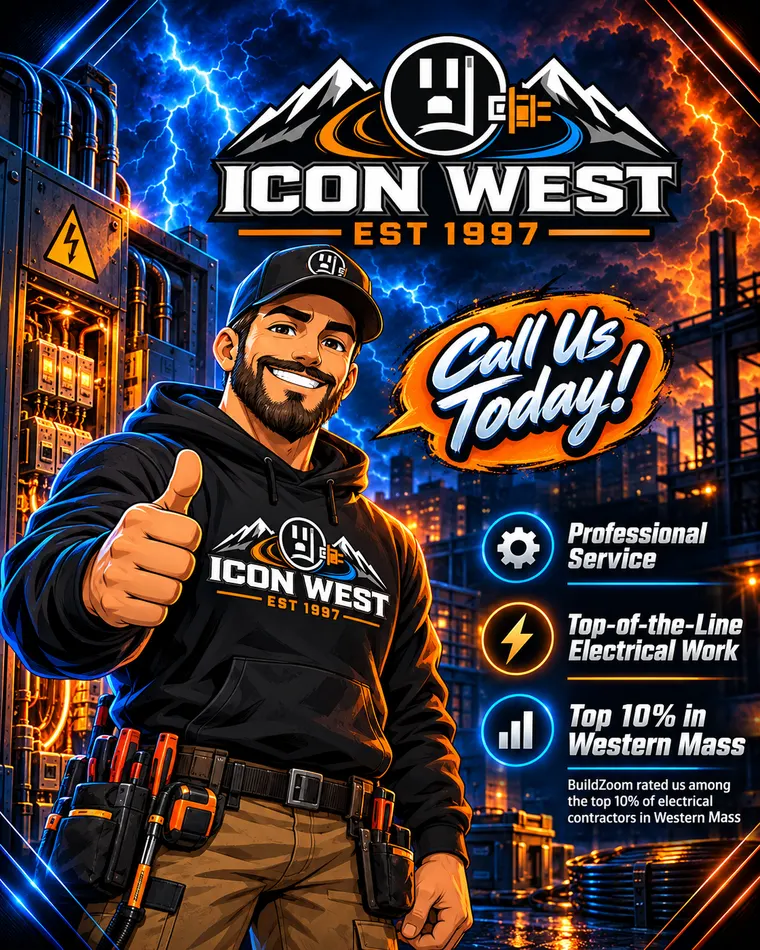 Icon West Electric promotional graphic showing an electrician, ‘Call Us Today!’ lettering, and electrical-service highlights.