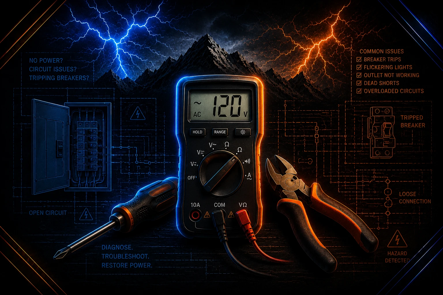 Electrical troubleshooting tools and circuit panel illustration