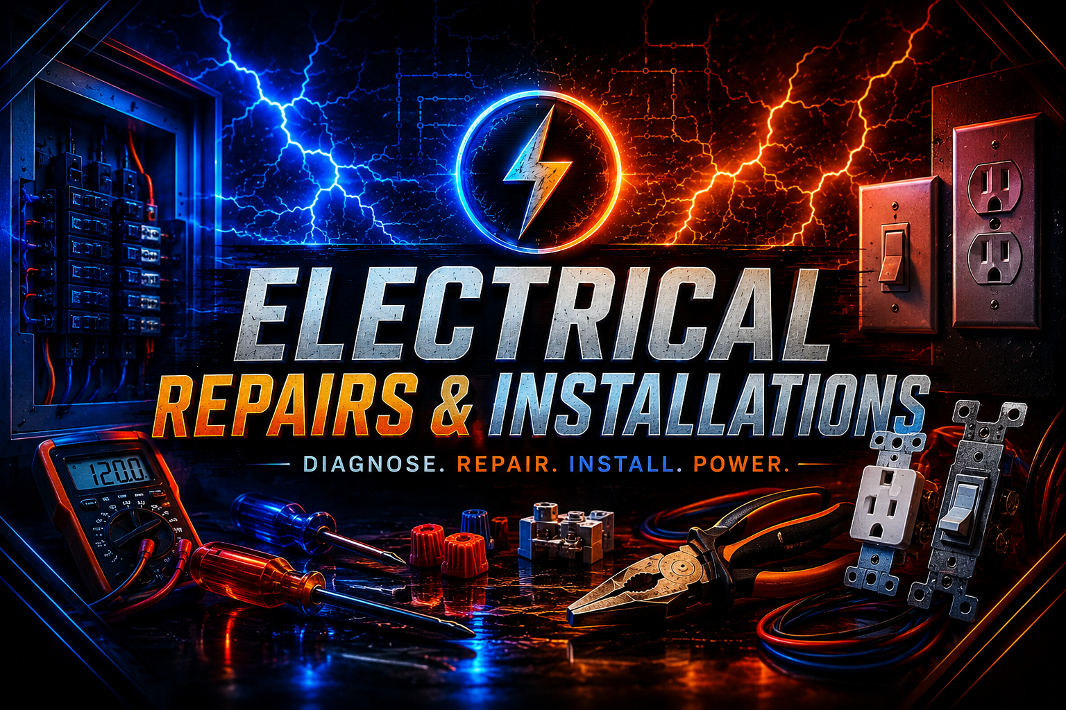 Electrical repairs and installations graphic featuring a breaker panel, outlets, switches, a multimeter, and tools