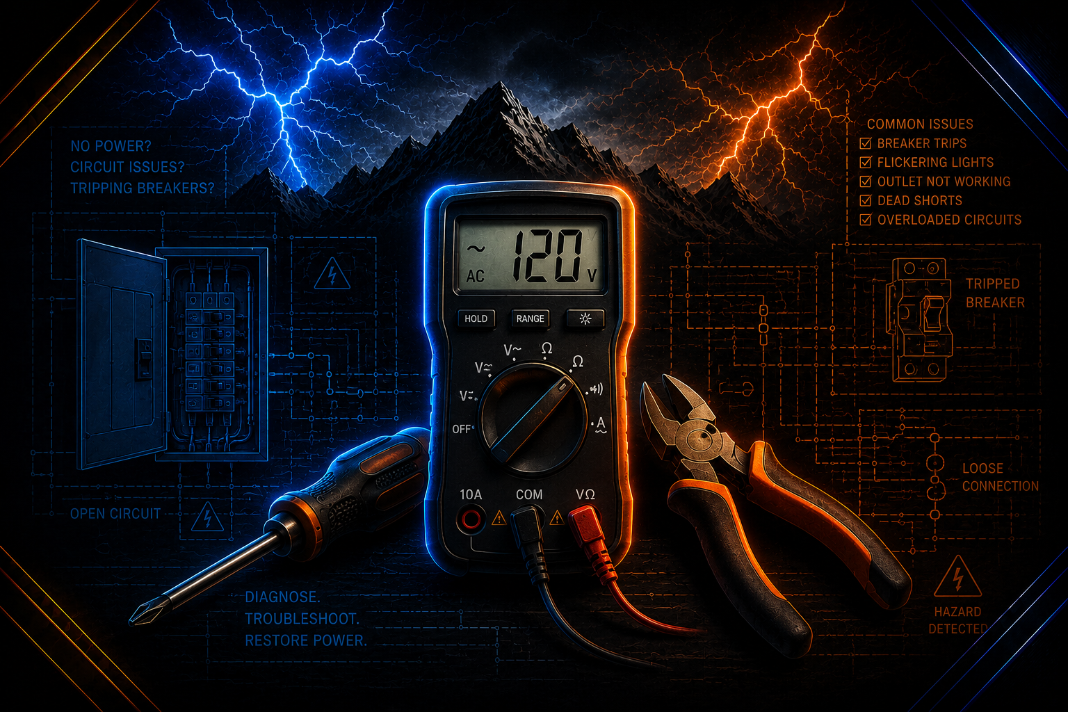 Electrical troubleshooting tools and circuit panel illustration